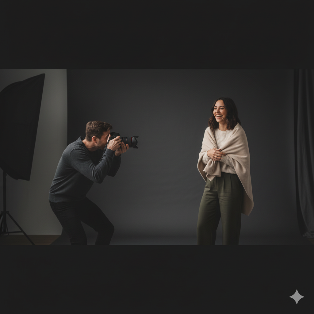 Photographer preparing a session inside the studio with lighting equipment.